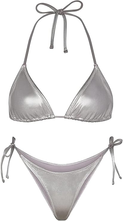 女式金属比基尼 - 复古闪亮银色金色泳衣三角上衣侧系带丁字裤套装